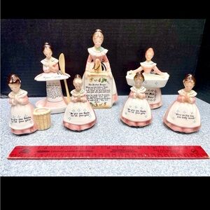 Vintage Enesco Pink Kitchen Prayer Lady Set (7 figurines total)